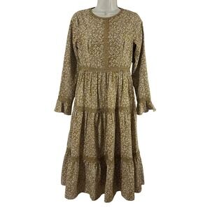 Dainty Jewells Yellow Floral Lace Trim Tiered Midi Dress Womens XS Long Sleeves